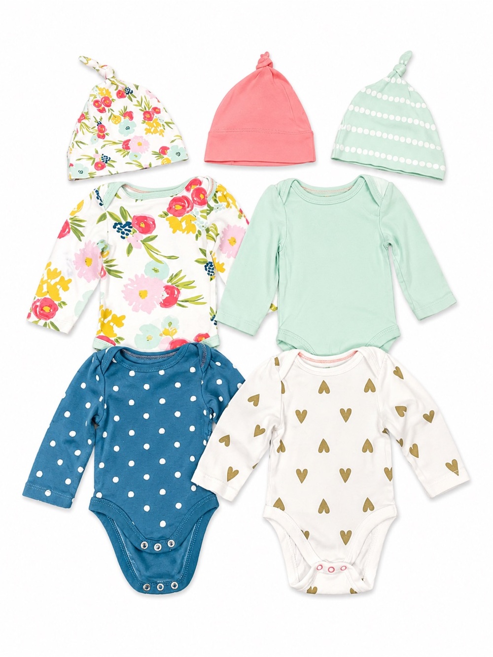 Baby Girls Long-Sleeve Bodysuit Set with Hats - Floral, Mint, Teal, Coral, White